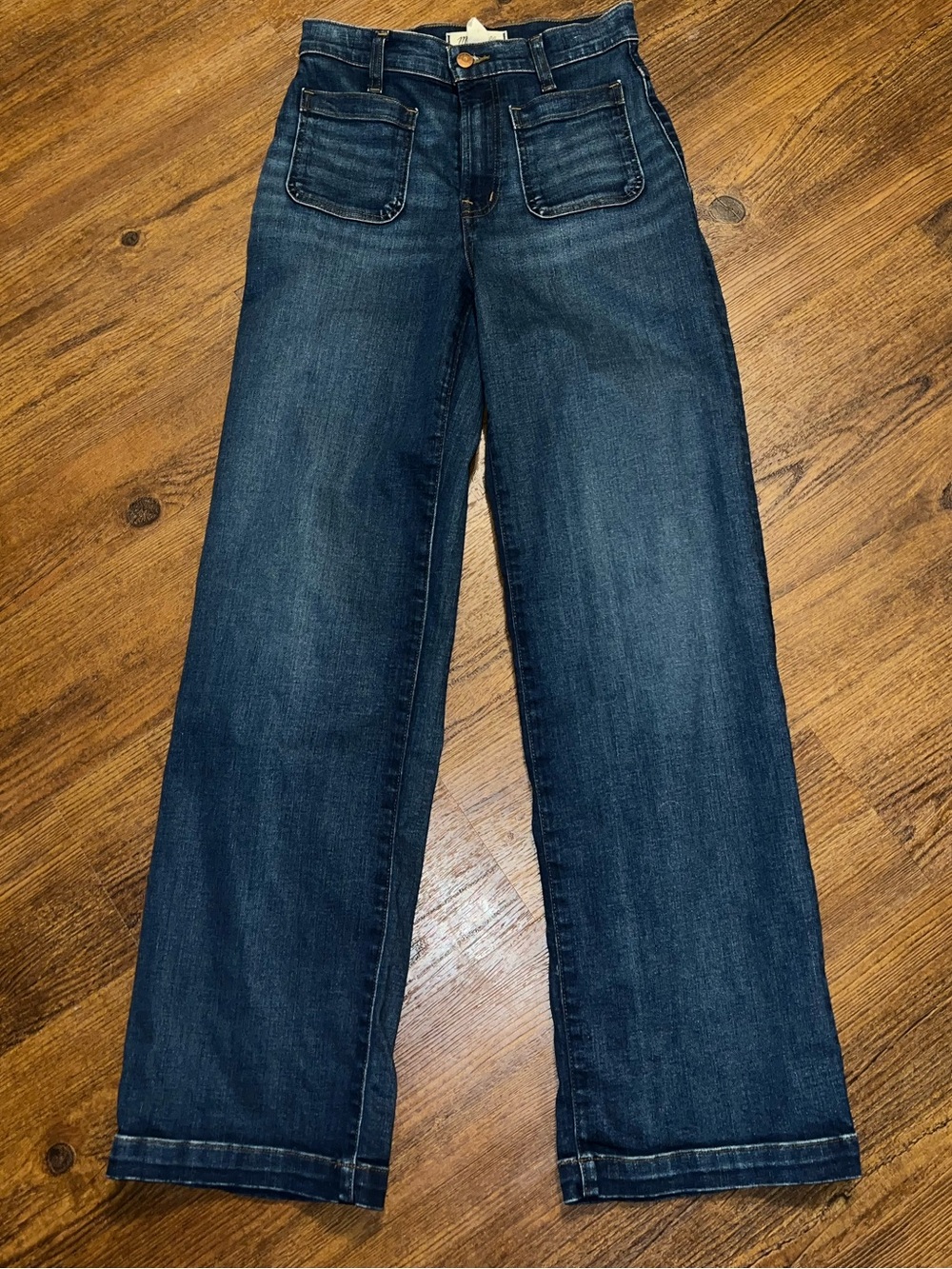 Madewell Emmet Wide Leg High Rise Dark Wash Blue Denim Patch Pockets Size 25 - Picture 5 of 13